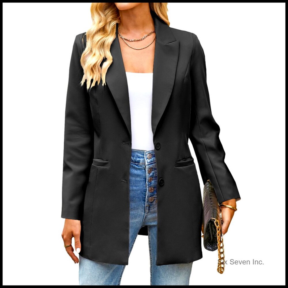 Long Blazer Jacket Business Casual Professional Office Lapel Pockets